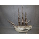 C19th Prisoner of War bone ship model of a Galleon with 3 masts, the model rigged with masts &