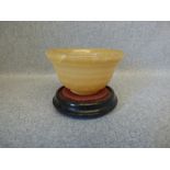 Chinese Alabaster bowl on raised foot base with wooden stand 6H x 11 dia. cm