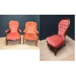 Pair of Victorian mahogany button back armchairs