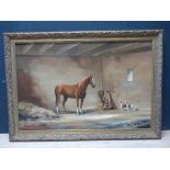 Dion Pears (1929-85) Chestnut thoroughbred in stable with two fox hounds, 74H x 104W cm