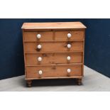 Victorian pine chest of 2 short & 3 long drawers on turned feet 96H x 93W cm (scratches/some wear)