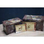 2 contemporary decorative trunks 40H x 69W & 2 drinks trays 35H x 60W cm (scratches/marks)