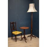 Pedestal table, mahogany standard lamp & salon chair