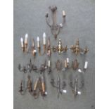 Ornate two branch wall applique, 3 pairs of cast brass twin branch wall plaques, 2 pairs of plated