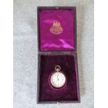 14ct gold open face pocket watch in leather pocket watch case (scratches/marks)
