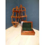 Victorian mahogany writing slope (damage to lid and interior) & a pair of oak fretwork open corner