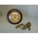 Victorian mahogany wall clock with pendulum & weights, 23 cm dia. (some wear)