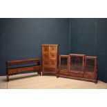 Chinese glazed hardwood triptych snuff bottle display cabinet with drawers below 64H x 96W x 14D cm,