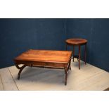 Mahogany circular two tier table & a large mahogany single drawer coffee table on X-shaped supports