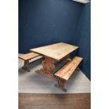 Pine refectory style kitchen table with 2 matching pine benches 73H x 78W x 205L cm (scratches/