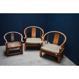 Pair of Chinese C20th side chairs with horseshoe shaped splats & panelled seats on moulded supports