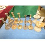 6 pairs of brass & pewter candlesticks (wear in line with age)