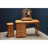 Pine dressing table, pine toilet mirror & pine bedside table (scratches/marks)