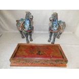 Pair of brass elaborately painted Chinese figures of horses & a folding desk top table with oriental