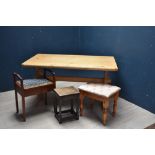 Refectory style pine kitchen table, music stool & 2 various stools (some scratches/marks)