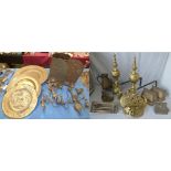 Pair of brass andirons firedogs, cast metal letter plate, jug, crown shaped wall mounted box,