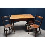 Victorian pine kitchen table with single drawer on turned legs, 2 elm kitchen chairs & oak fr