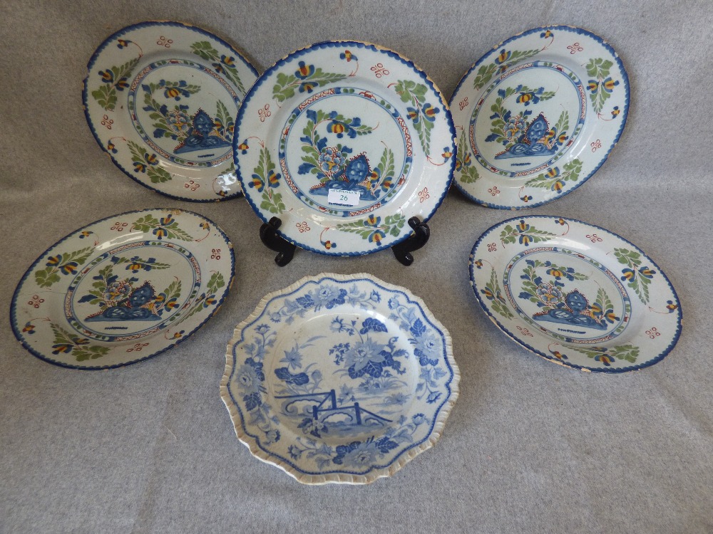 Set of 5 C18th Delft plates and 1 other blue & white plate (1 plate cracked, some chips to the rim)