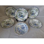 Set of 5 C18th Delft plates and 1 other blue & white plate (1 plate cracked, some chips to the rim)