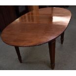Mahogany oval extending dining table, with one extra leaf, on fluted tapering square legs 75H x 140W