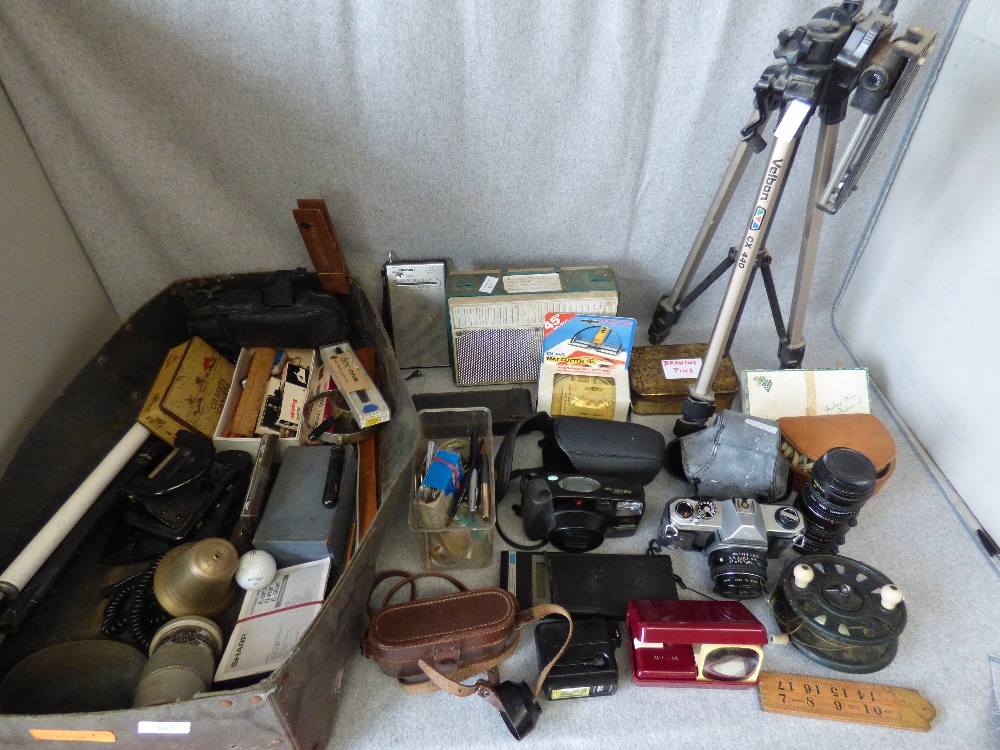 Selection of SLR cameras, incl. Pentax, pens, fish reel and 1960's Transistor radio