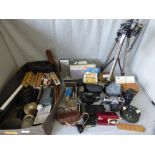 Selection of SLR cameras, incl. Pentax, pens, fish reel and 1960's Transistor radio