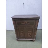 1960's Chinese hardwood drinks cabinet with carved oriental scenes decoration 90H x 74W cm