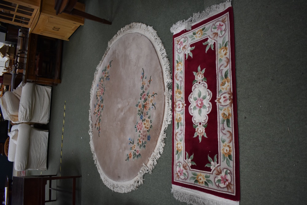 Oval washed Chinese rugs, red and cream with floral decoration 250 x 170 cm & faded gold with floral - Image 2 of 3