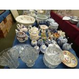 Large Delft pottery vase, 2 Chinese blue and white bowls & covers, blue and white transfer printed