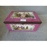 Continental porcelain trinket box with Victorian scenes 12H x 24W cm (old repairs to the base & 1