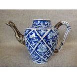 C18th blue and white teapot with white metal spout and handle, no lid, 13cmH, (no obvious damage)