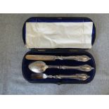 Hallmarked silver Christening set; knife, fork & spoon in original fitted case by 'GU of