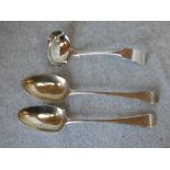 Pair of hallmarked silver table spoons & silver plated sauce ladle, 4 ozt