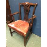 George II gentleman's armchair with pierced splat & outward scrolling arms with red hide seat &