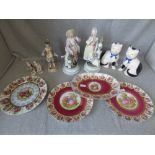 4 various wall plates, pair of Staffordshire cats & various figures (one figure has old repair to