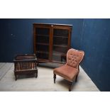 Late Victorian walnut Canterbury (faults), a mahogany standing 2 door bookcase & a small Victorian