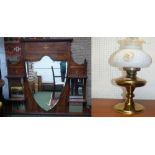 Victorian rosewood & satinwood inlaid over mantle mirror & a brass oil lamp (general scratches/