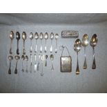 Pair of hallmarked silver table spoons, 'J A J's' of London' silver card case & qty of various