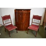 George III inlaid mahogany bow front hanging corner cupboard and 3 chairs