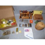 Box containing tobacco pipes & rack, lighters, ashtrays, box of coins & defence medal