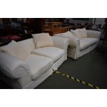 Pair of modern loose covers, cream corner sofas, 3 seater & 2 seater with matching footstool 108 x