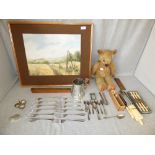 Vintage Teddy Bear, qty of various plated cutlery & oil on board of canalscape 'Pathway to the Down'