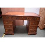 Modern Georgian style mahogany pedestal desk with tooled leather top 77H x 120W cm (top had piece