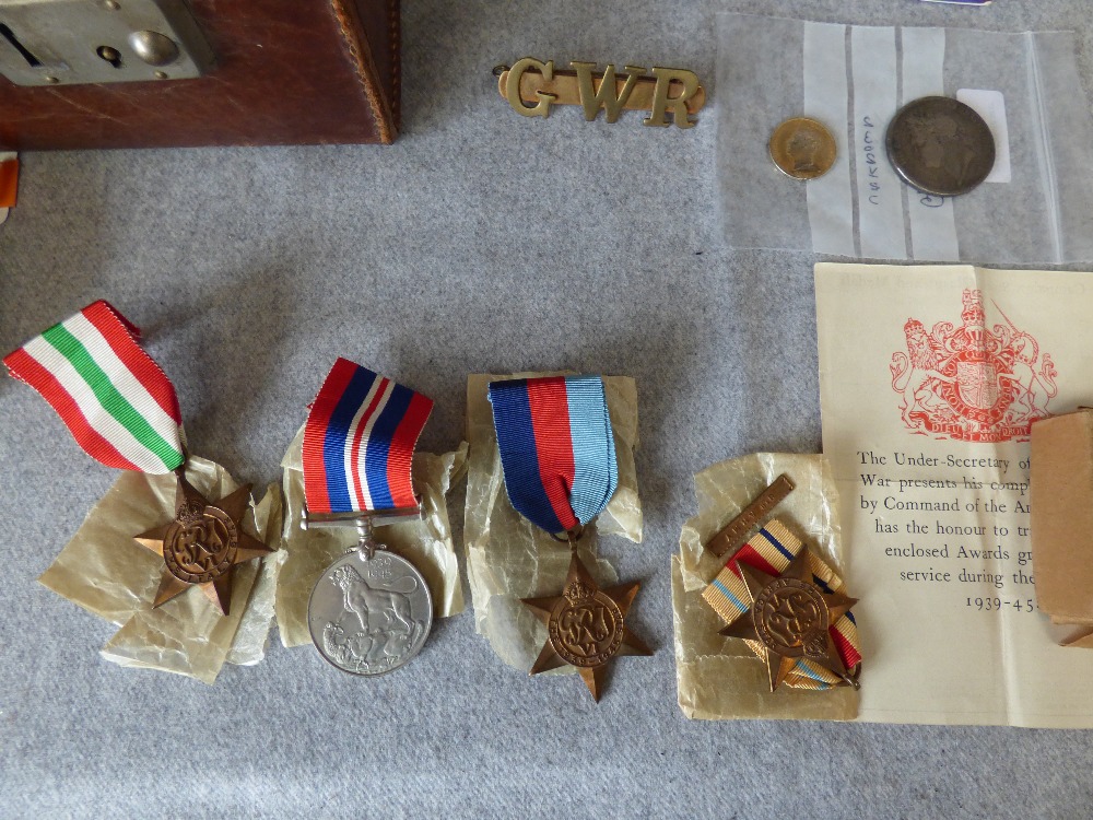 Leather attaché case containing coins (1821 Crown), WWI and WWII Medals: Victory, British War, - Image 2 of 4