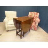 2 Victorian armchairs & Edwardian oak drop leaf table 70H x 75W cm (general scratches/marks)