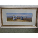 An oil painting of an extensive beach scene of Victorian ladies with parasols, 15.5 x 44.5 cm