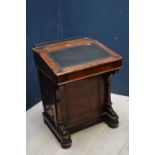 Victorian burr walnut Davenport with brass gallery & leather top above pen drawer, 4 drawers &