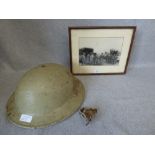 Black & white military photographs & military tin helmet