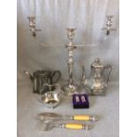 Collection of electroplated wares, including a three light candelabra, etc