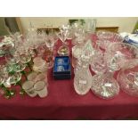 Decorative & colourful glass ware, cut glass decanters & bowls etc.